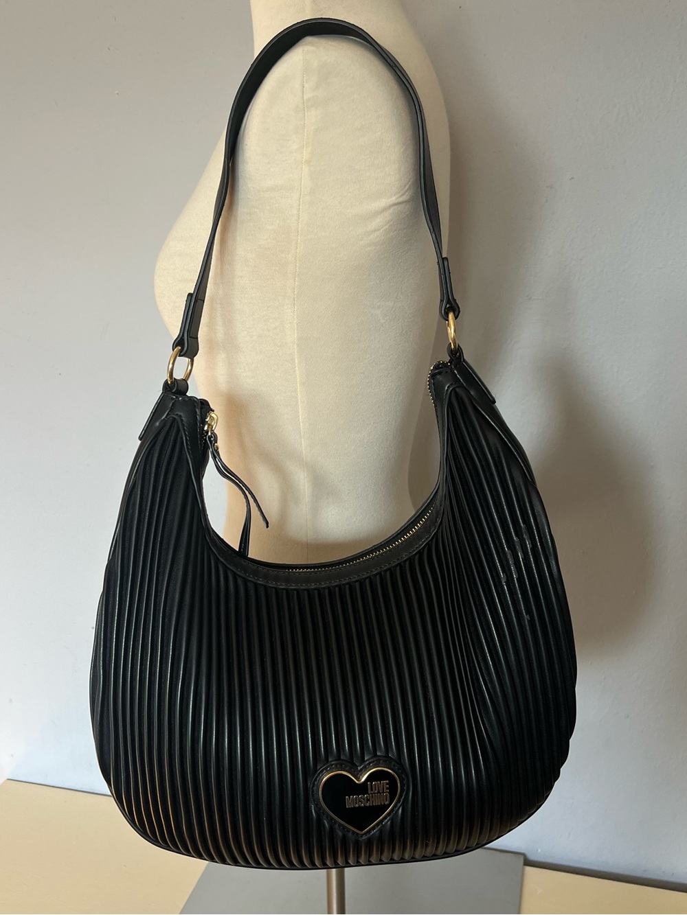 Moschino Black Pleated Heart-Accent Shoulder Bag